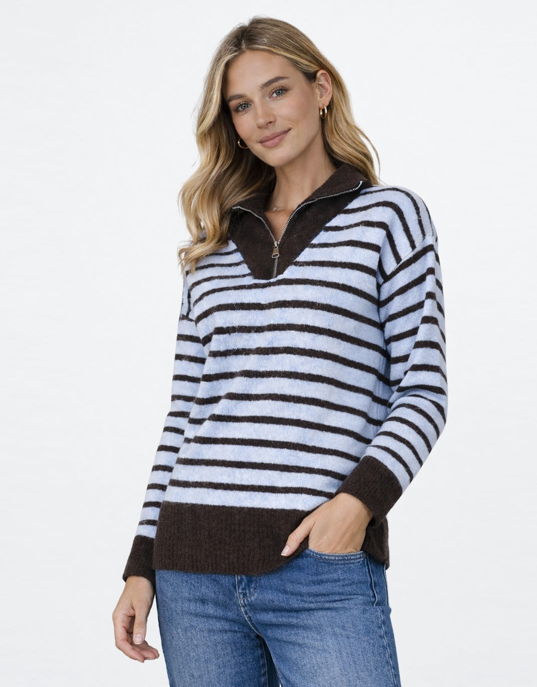 Pippa Stripe Zip Knit - Chocolate/Blue