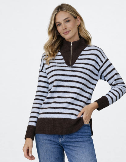 Pippa Stripe Zip Knit - Chocolate/Blue