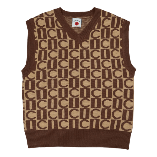 Checker V-neck Knitted Vest Brown