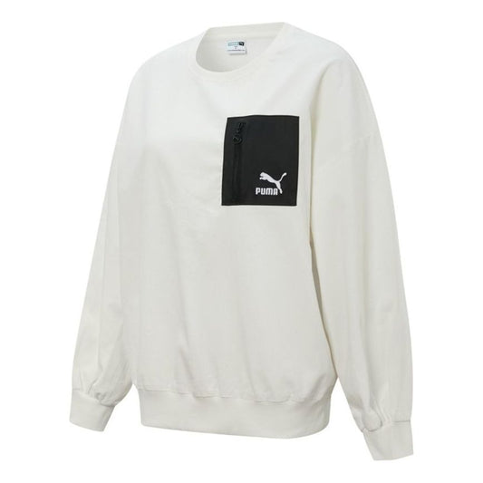 (WMNS) PUMA Contrasting Colors Zipper Pocket Sports Round Neck Pullover 'White' 534753-93