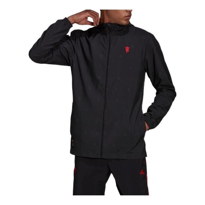 Men's adidas Logo Manchester United Soccer/Football Label Zipper Hooded Jacket Black H56689